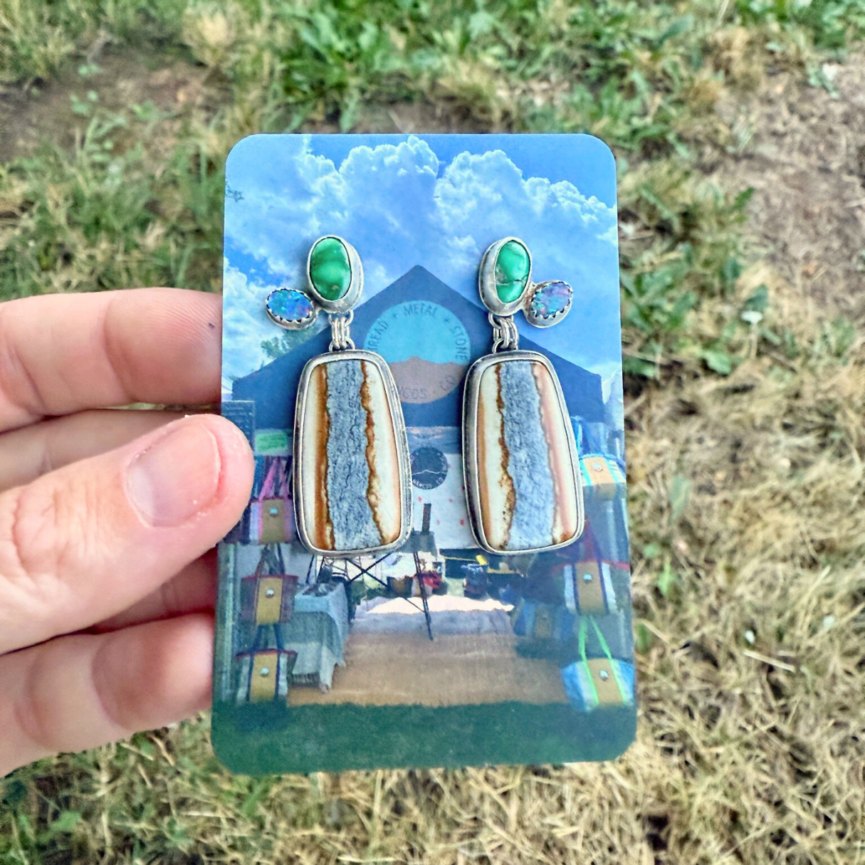 Starry Night Jasper, Turquoise + Opal Earrings