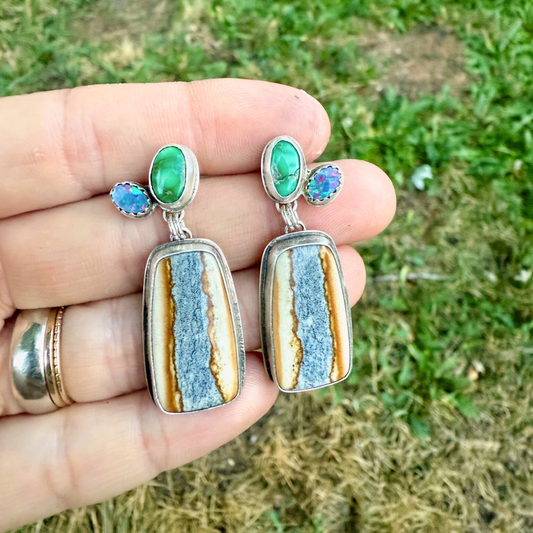 Starry Night Jasper, Turquoise + Opal Earrings