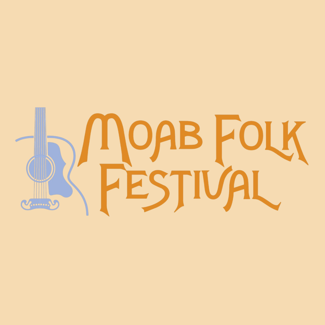 Logo for Moab Folk Festival with a blue guitar icon on a beige background