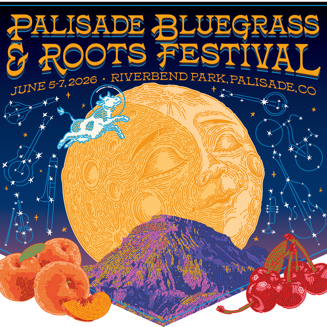Promotional poster for Palisade Bluegrass & Roots Festival with a stylized moon, mountains, and fruits.